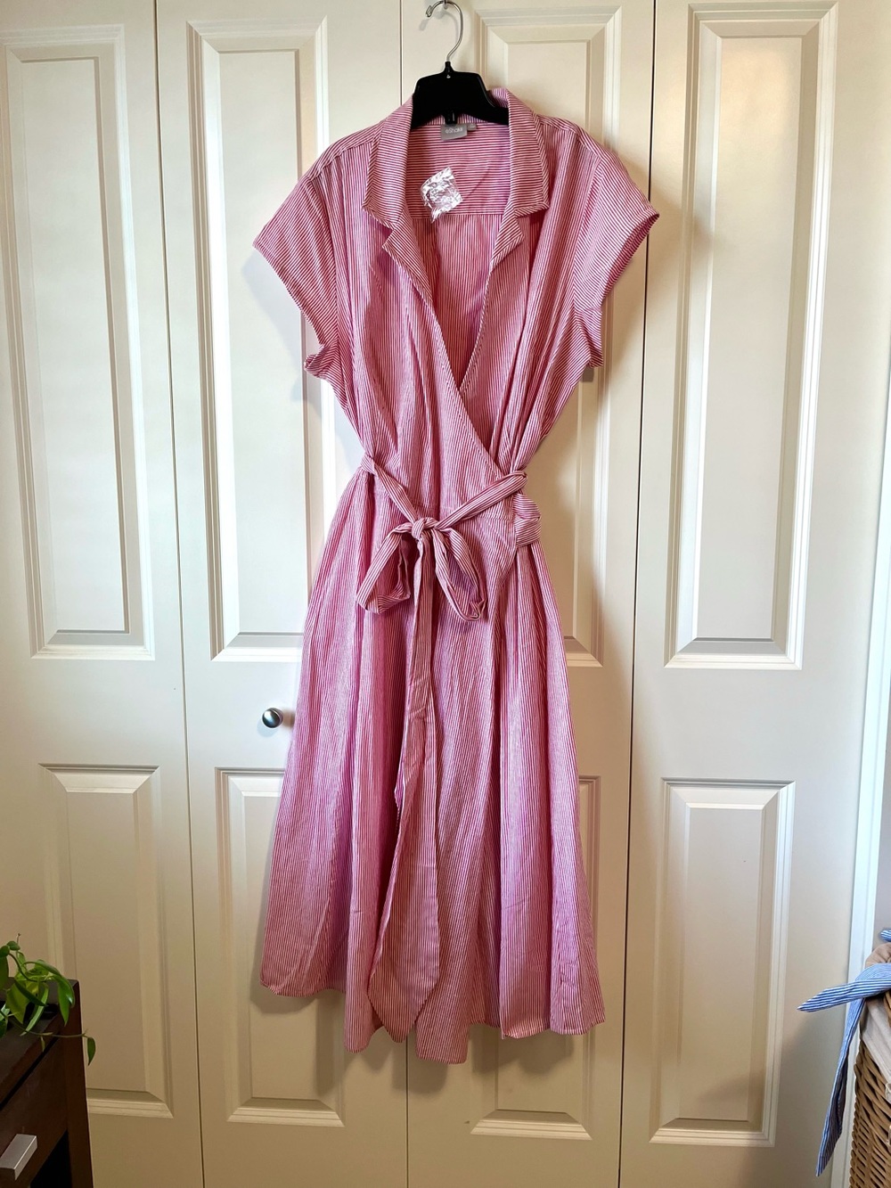 3X red & white striped cotton wrap dress